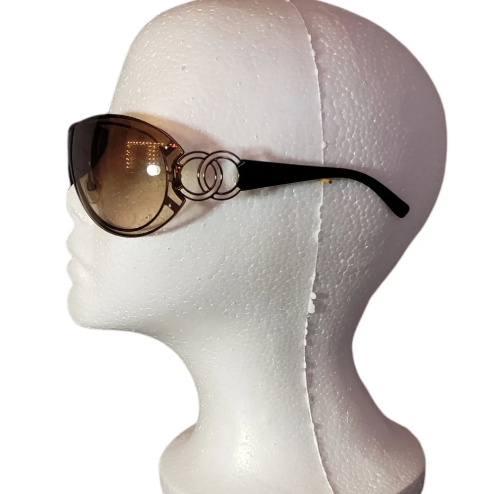 CHANEL Black Frames with Brown Gradient Lenses and Gold CC Accent Sunglasses.